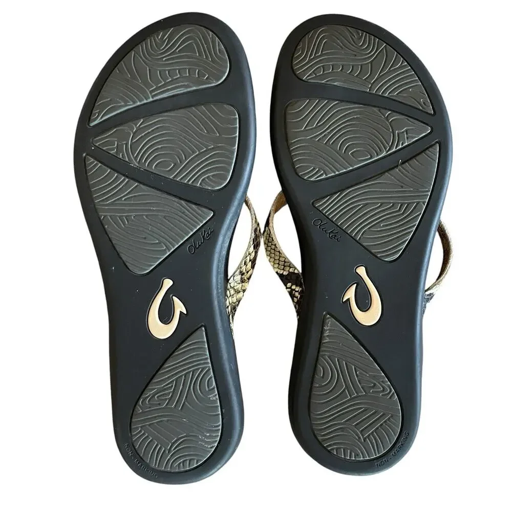 OLUKAI Ho'Opio Women's Size 8/38 Snake Print Leather Thong Flip Flop Sandals - Picture 5 of 7